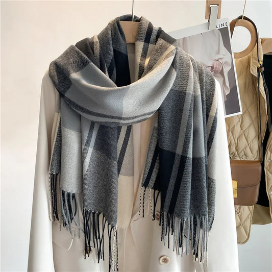 Cashmere feel blanket scarf worn