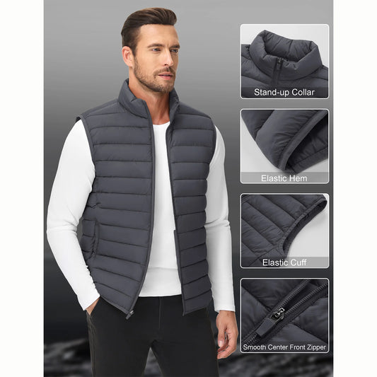 Packable puffer vest worn outdoors