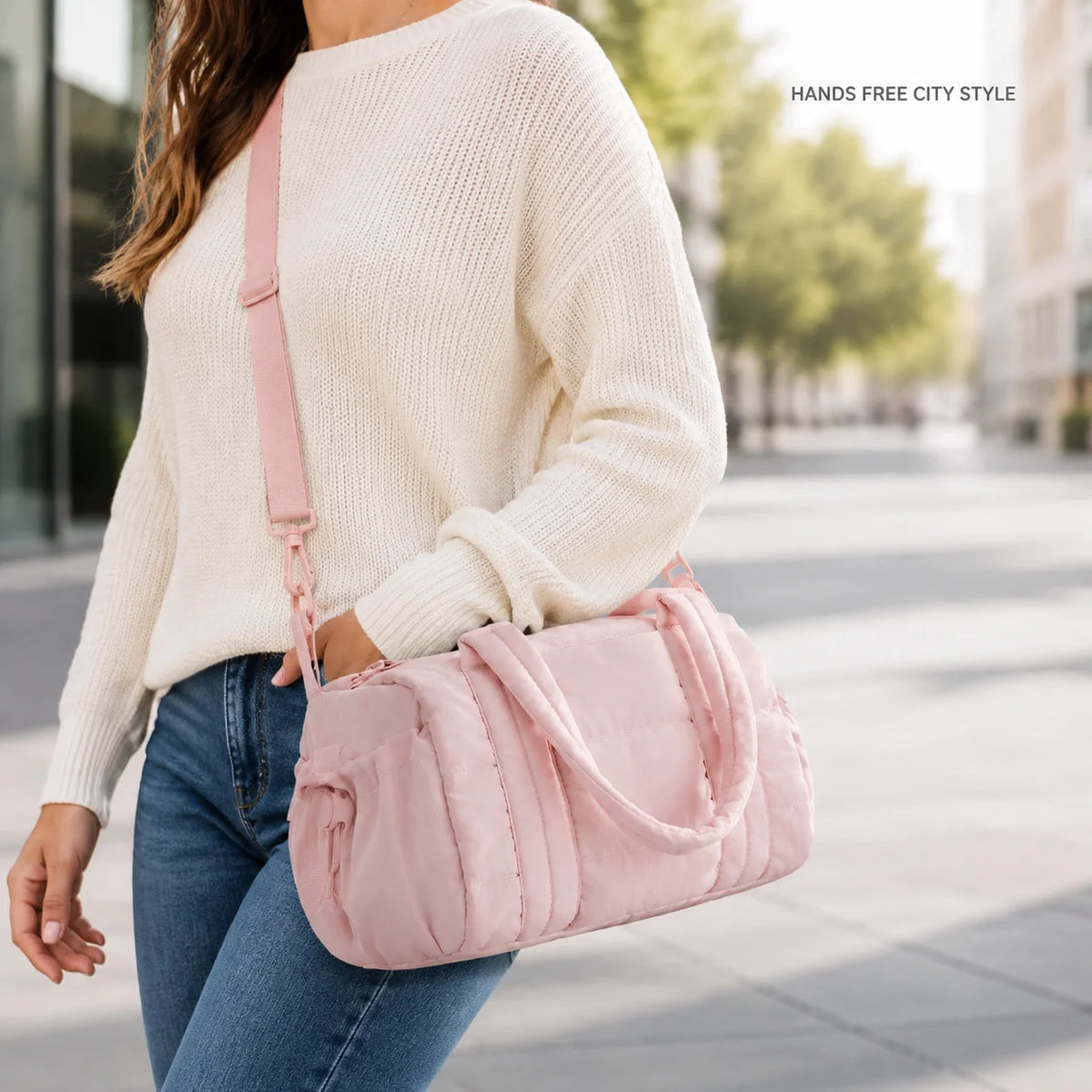 Quilted puffer bag carried on shoulder