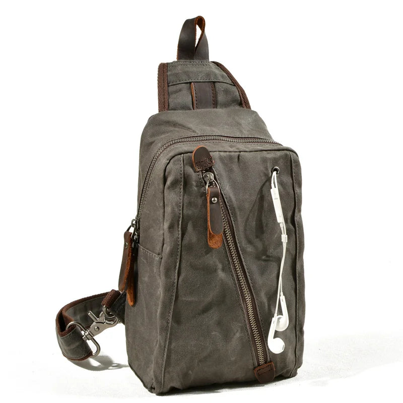Waxed canvas chest bag strap detail