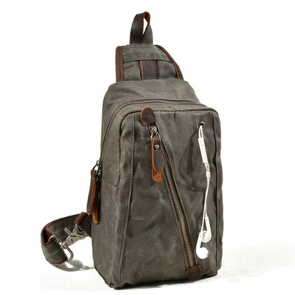 Waxed canvas chest bag strap detail