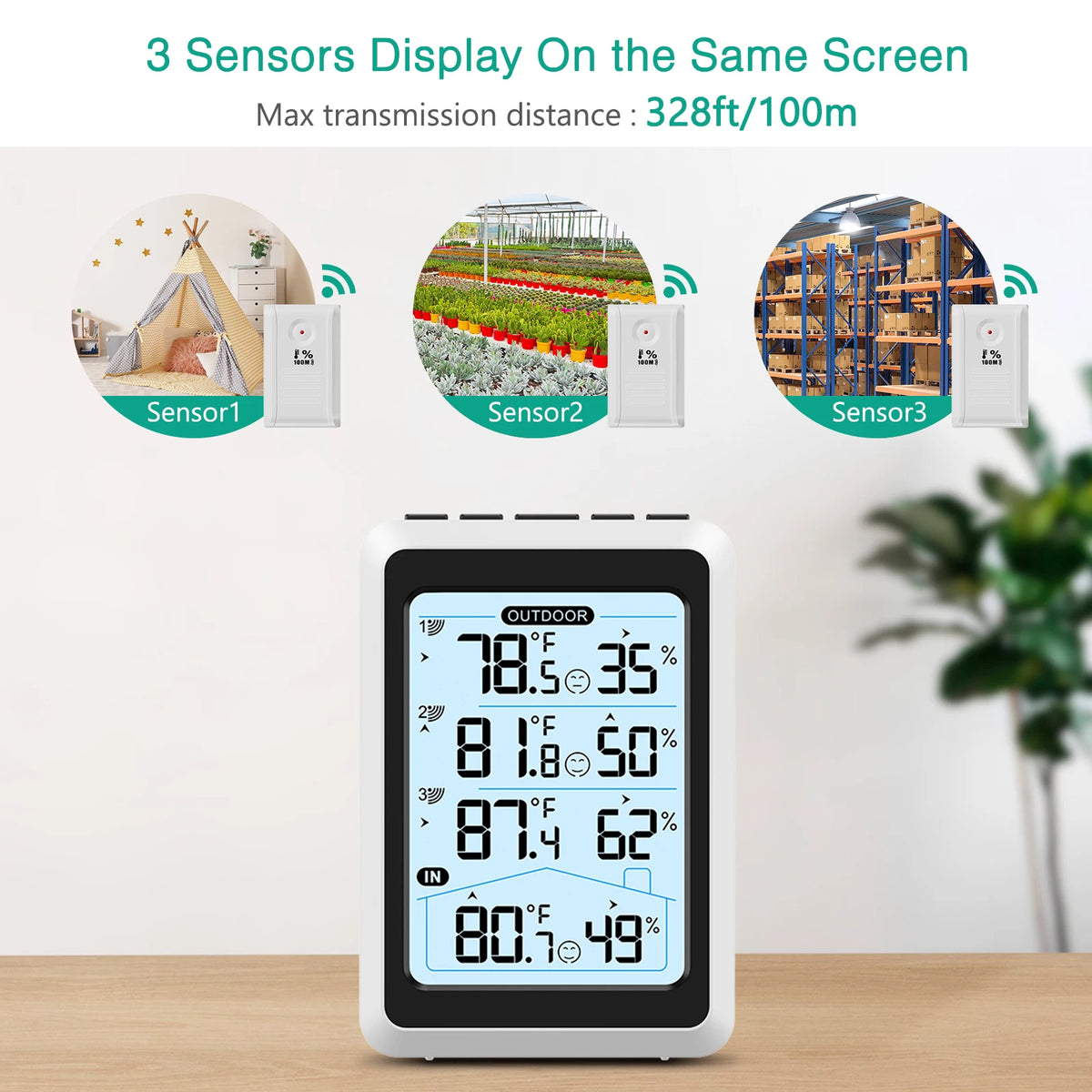 Indoor outdoor thermometer on shelf